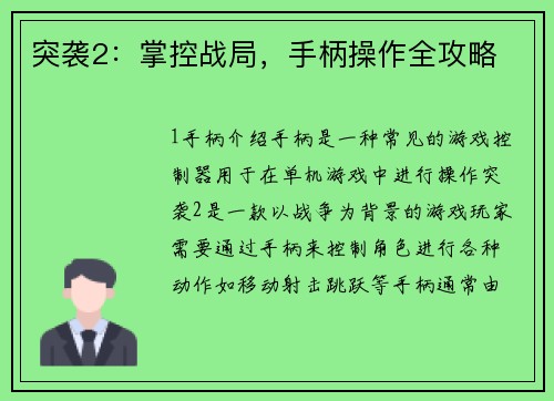 突袭2：掌控战局，手柄操作全攻略